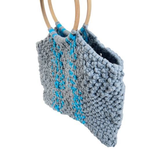Handmade Crochet Tote Bag Gray Blue Striped Yarn Purse with Wooden Round Handles - Picture 6 of 7